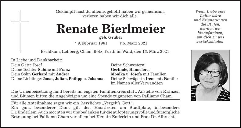 Traueranzeige Renate Bierlmeier