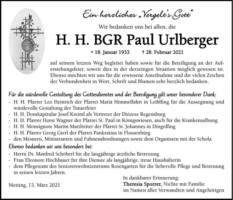 Traueranzeige Paul Urlberger