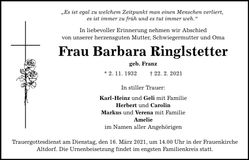 Traueranzeige Barbara Ringlstetter