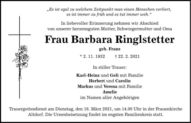 Traueranzeige Barbara Ringlstetter