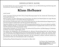 Traueranzeige Klaus Hofbauer