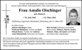 Traueranzeige Amalie Oischinger