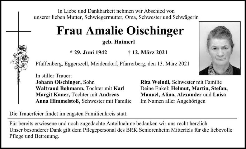 Traueranzeige Amalie Oischinger