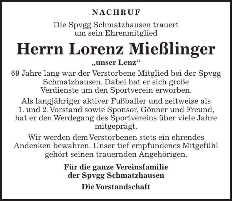 Traueranzeige Lorenz Mießlinger