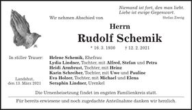 Traueranzeige Rudolf Schemik