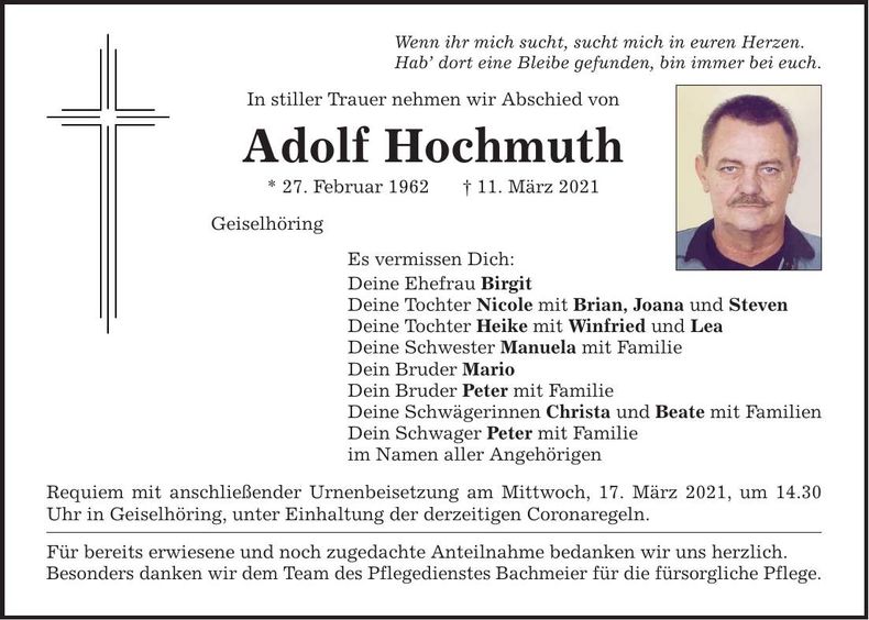 Traueranzeige Adolf Hochmut