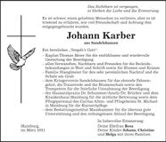 Traueranzeige Johann Karber