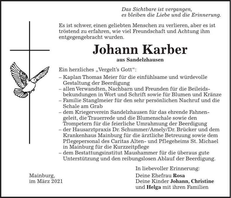 Traueranzeige Johann Karber
