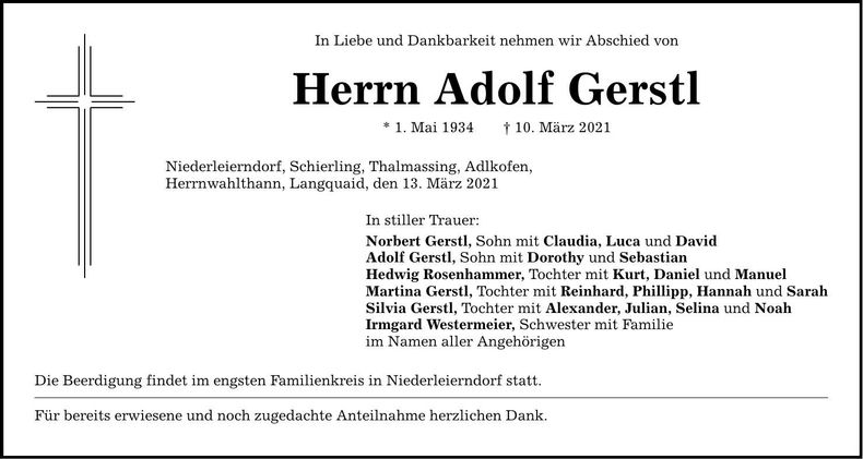 Traueranzeige Adolf Gerstl