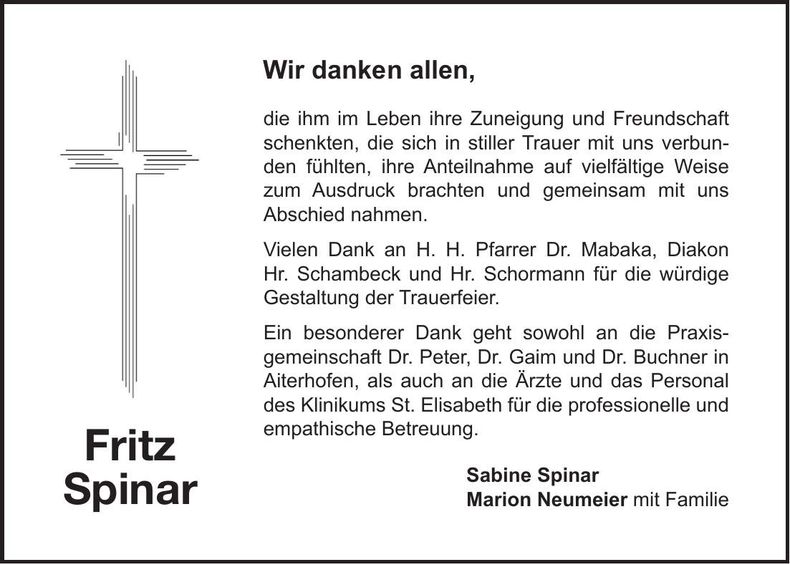 Traueranzeige Fritz Spinar
