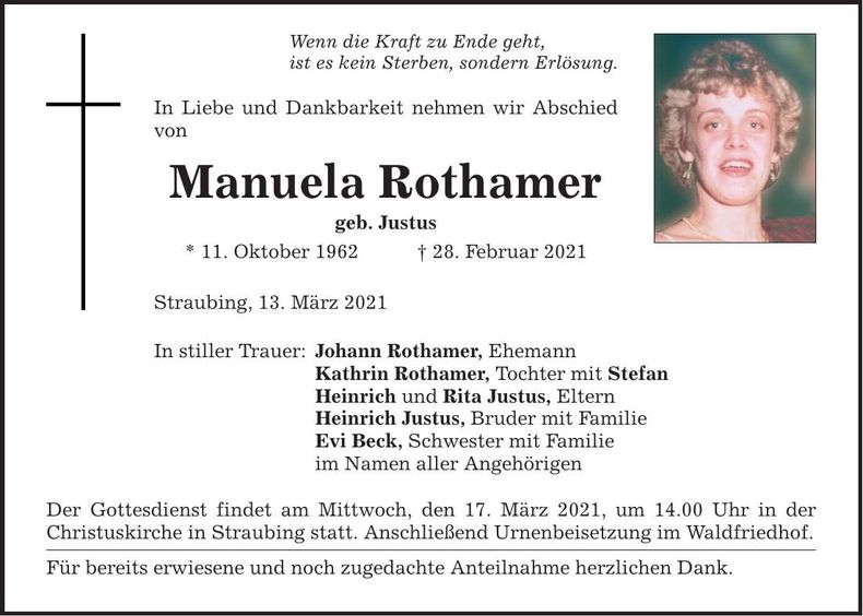 Traueranzeige Manuela Rothamer