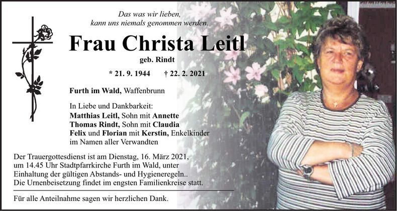 Traueranzeige Christa Leitl
