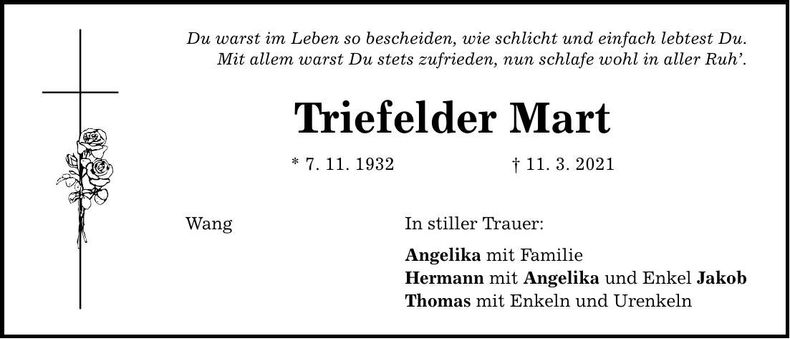 Traueranzeige Mart Triefelder