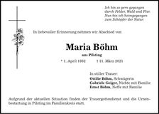 Traueranzeige Maria Böhm