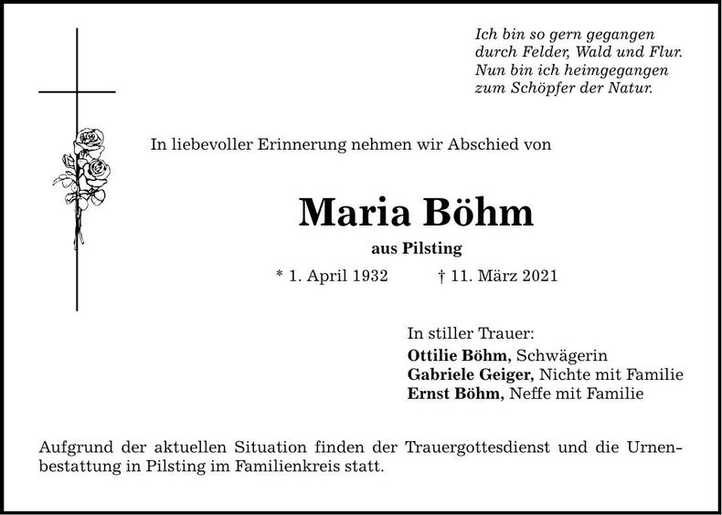 Traueranzeige Maria Böhm