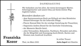Traueranzeige Franziska Kozor
