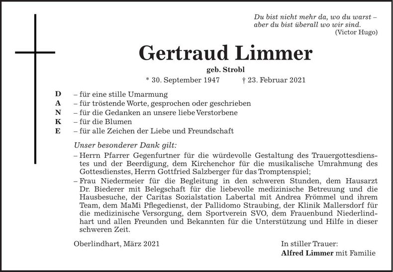 Traueranzeige Gertraud Limmer