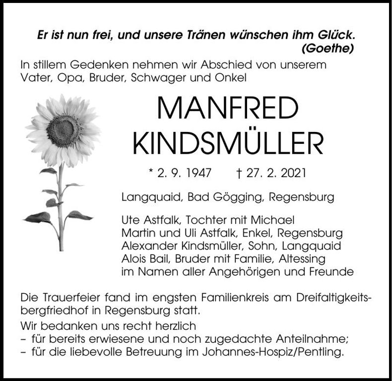 Traueranzeige Kindmüller Manfred