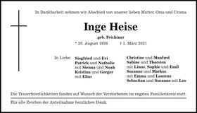 Traueranzeige Inge Heise