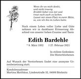 Traueranzeige Edith Bardehle