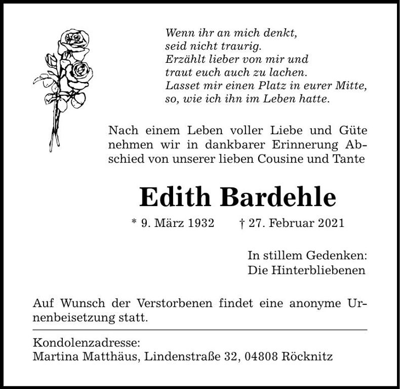 Traueranzeige Edith Bardehle
