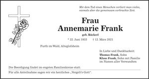 Traueranzeige Annemarie Frank