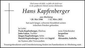 Traueranzeige Hans Kapfenberger