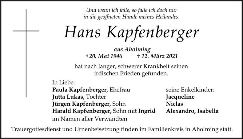 Traueranzeige Hans Kapfenberger
