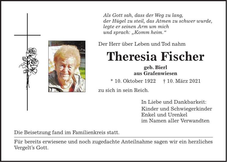 Traueranzeige Theresia Fischer