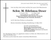 Traueranzeige Schwester M. Ildefonsa Deser