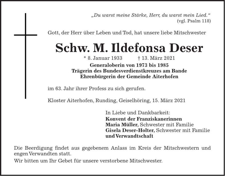 Traueranzeige Schwester M. Ildefonsa Deser
