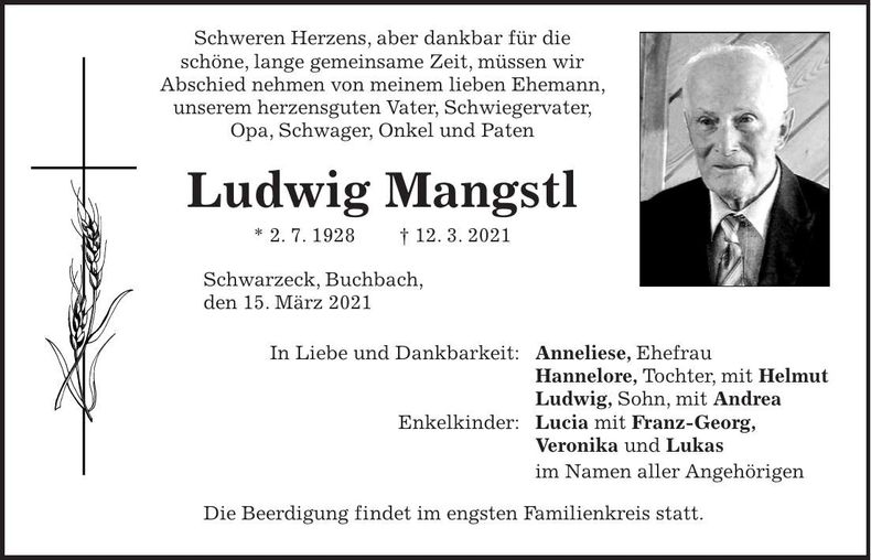 Traueranzeige Ludwig Mangstl