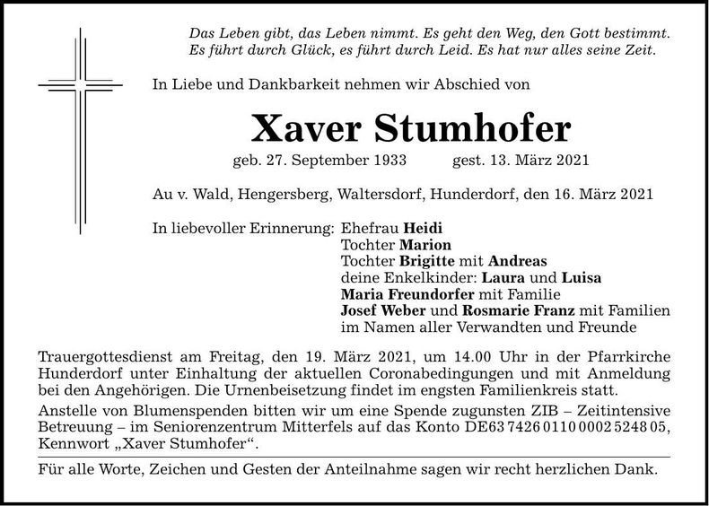 Traueranzeige Xaver Stumhofer