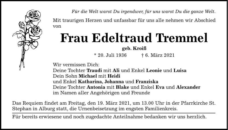 Traueranzeige Edeltraud Tremmel