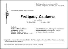 Traueranzeige Wolfgang Zahlauer
