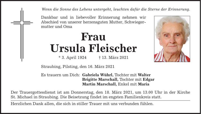 Traueranzeige Ursula Fleischer