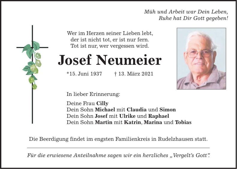Traueranzeige Josef Neumeier