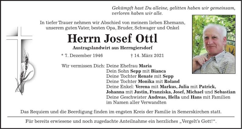 Traueranzeige Josef Ottl