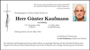 Traueranzeige Günter Kaufmann
