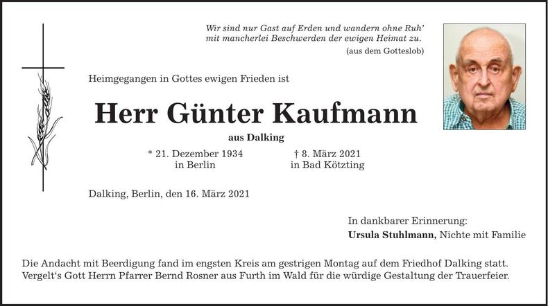 Traueranzeige Günter Kaufmann