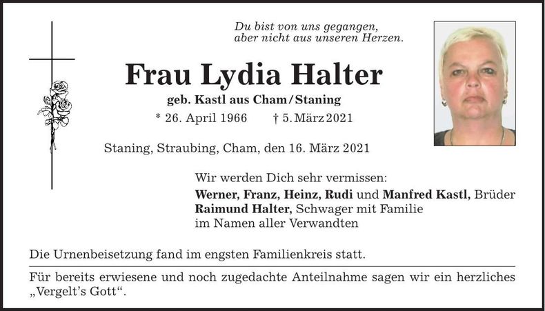 Traueranzeige Lydia Halter