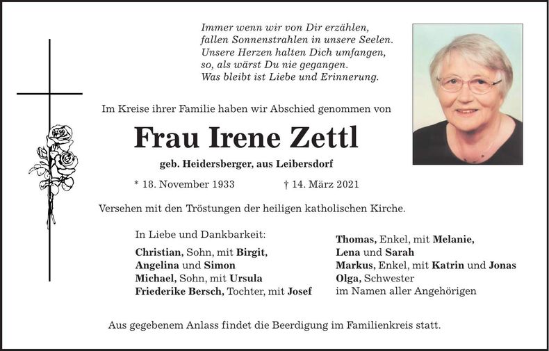 Traueranzeige Irene Zettl