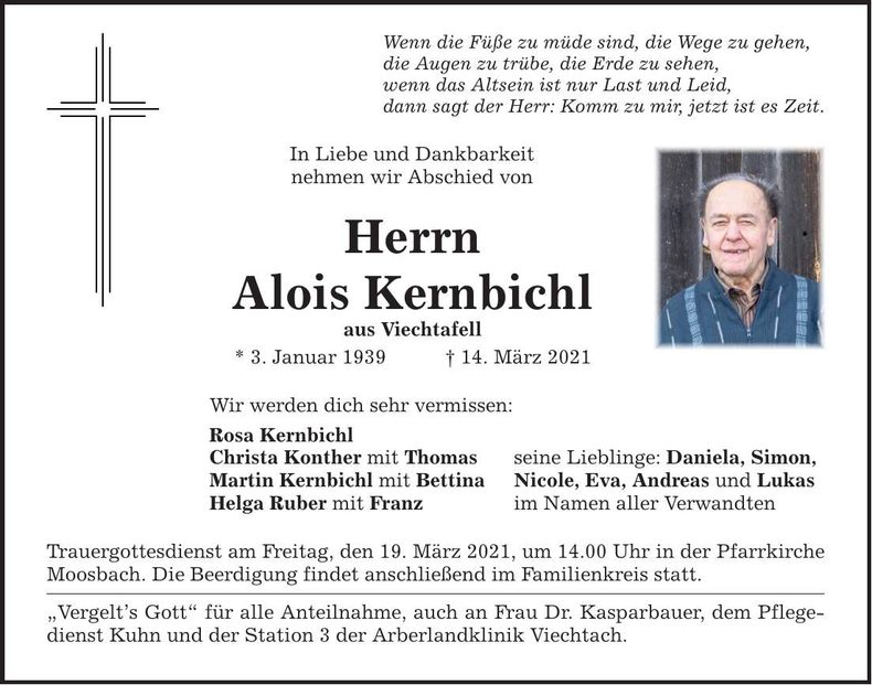 Traueranzeige Kernbichl Alois