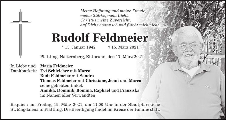 Traueranzeige Rudolf Feldmeier