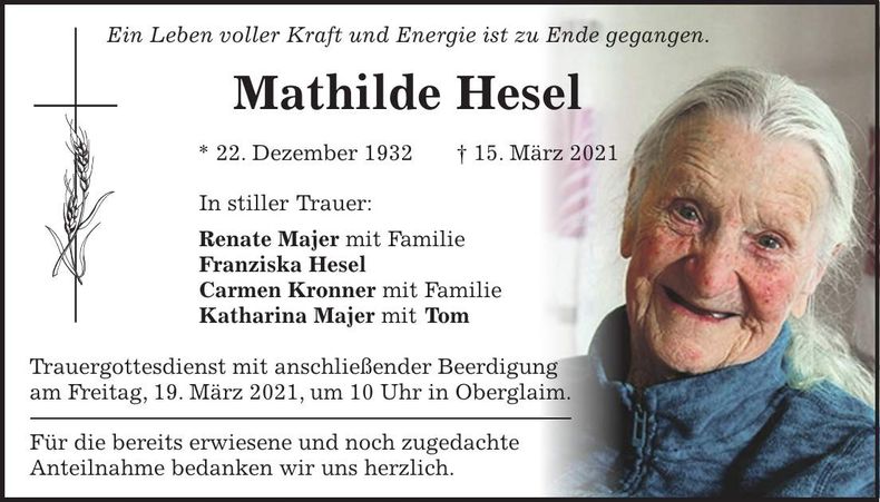 Traueranzeige Mathilde Hesel