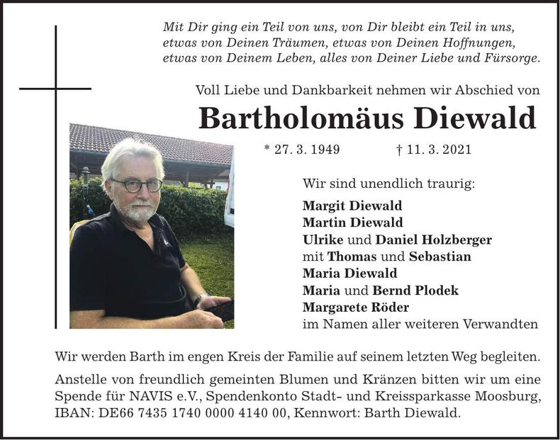 Traueranzeige Bartholomäus Diewald
