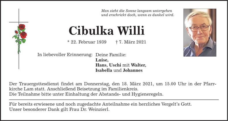 Traueranzeige Willi Cibulka