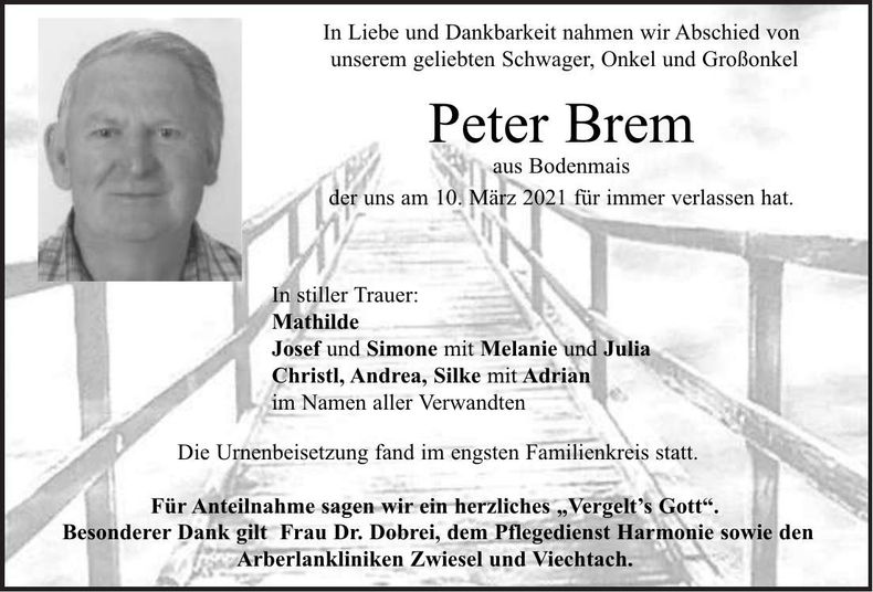Traueranzeige Brem Peter