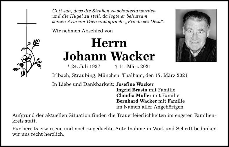 Traueranzeige Johann Wacker