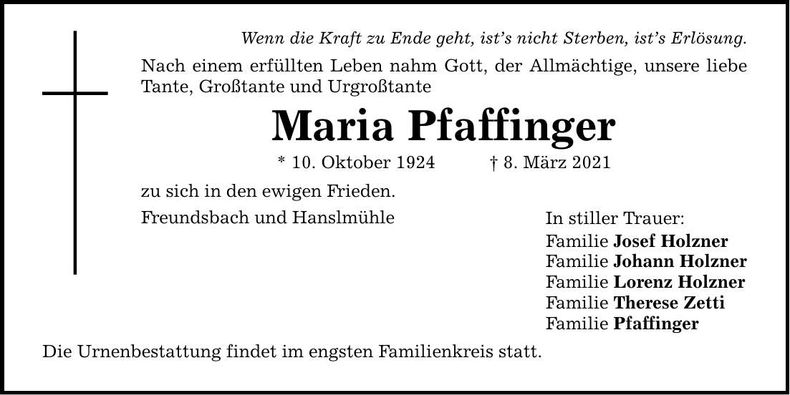 Traueranzeige Maria Pfaffinger